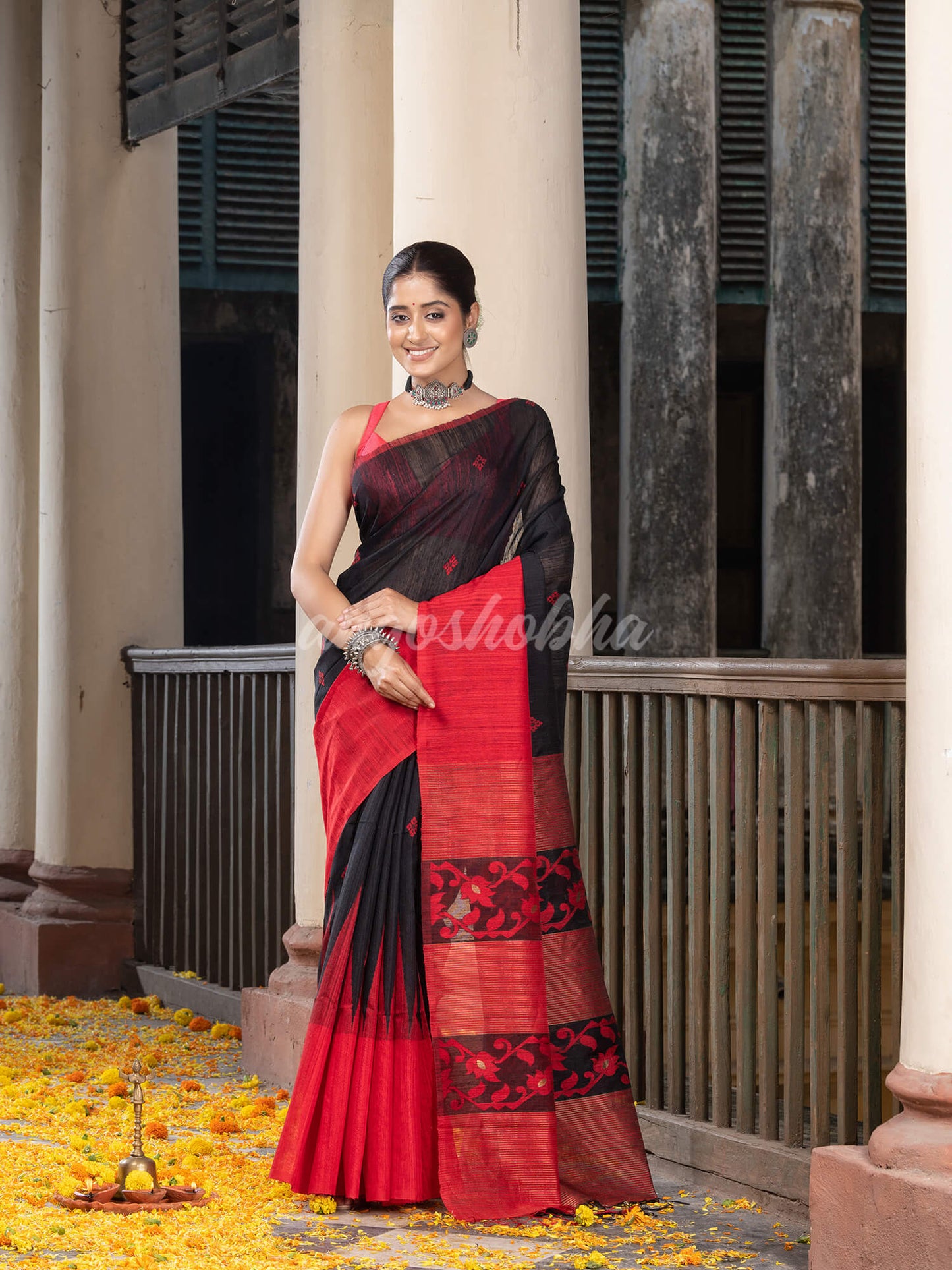 Black Silk Matka Red Mahapar Border With Pallu Jacquard Saree