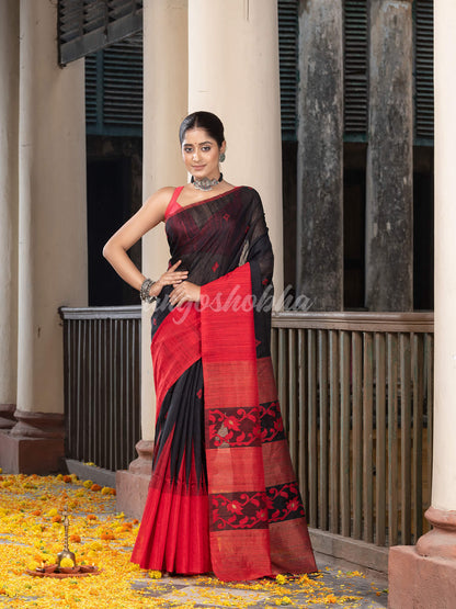 Black Silk Matka Red Mahapar Border With Pallu Jacquard Saree