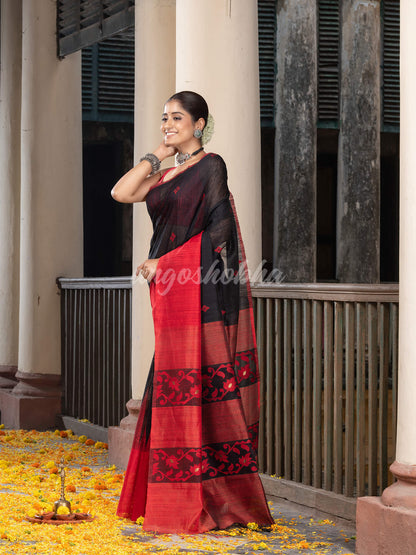 Black Silk Matka Red Mahapar Border With Pallu Jacquard Saree