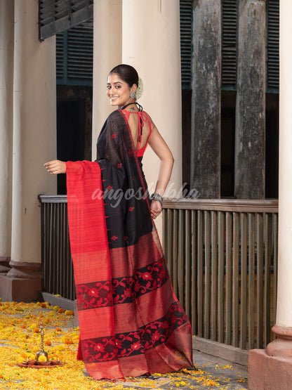 Black Silk Matka Red Mahapar Border With Pallu Jacquard Saree