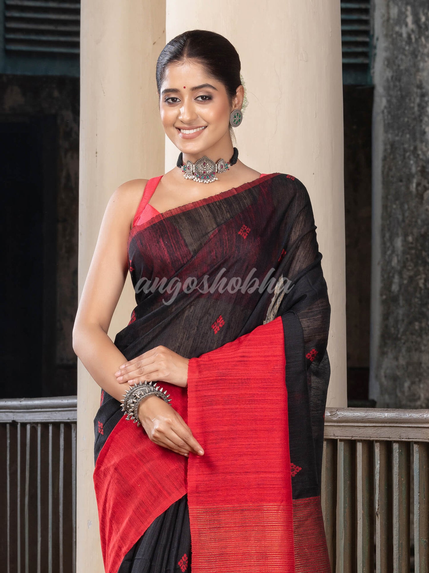 Black Silk Matka Red Mahapar Border With Pallu Jacquard Saree