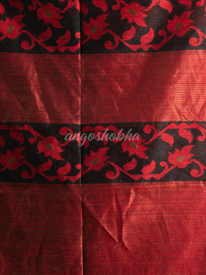 Black Silk Matka Red Mahapar Border With Pallu Jacquard Saree