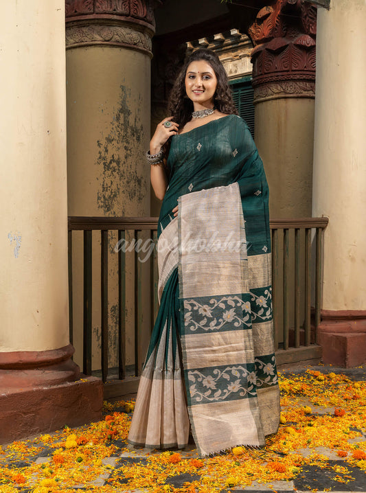 Bottle Green Silk Matka Muga Mahapar Border With Pallu Jacquard Saree