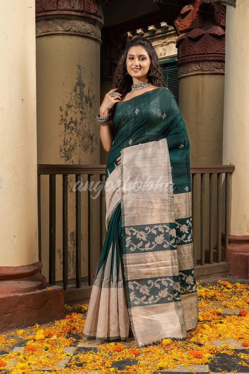 Bottle Green Silk Matka Muga Mahapar Border With Pallu Jacquard Saree