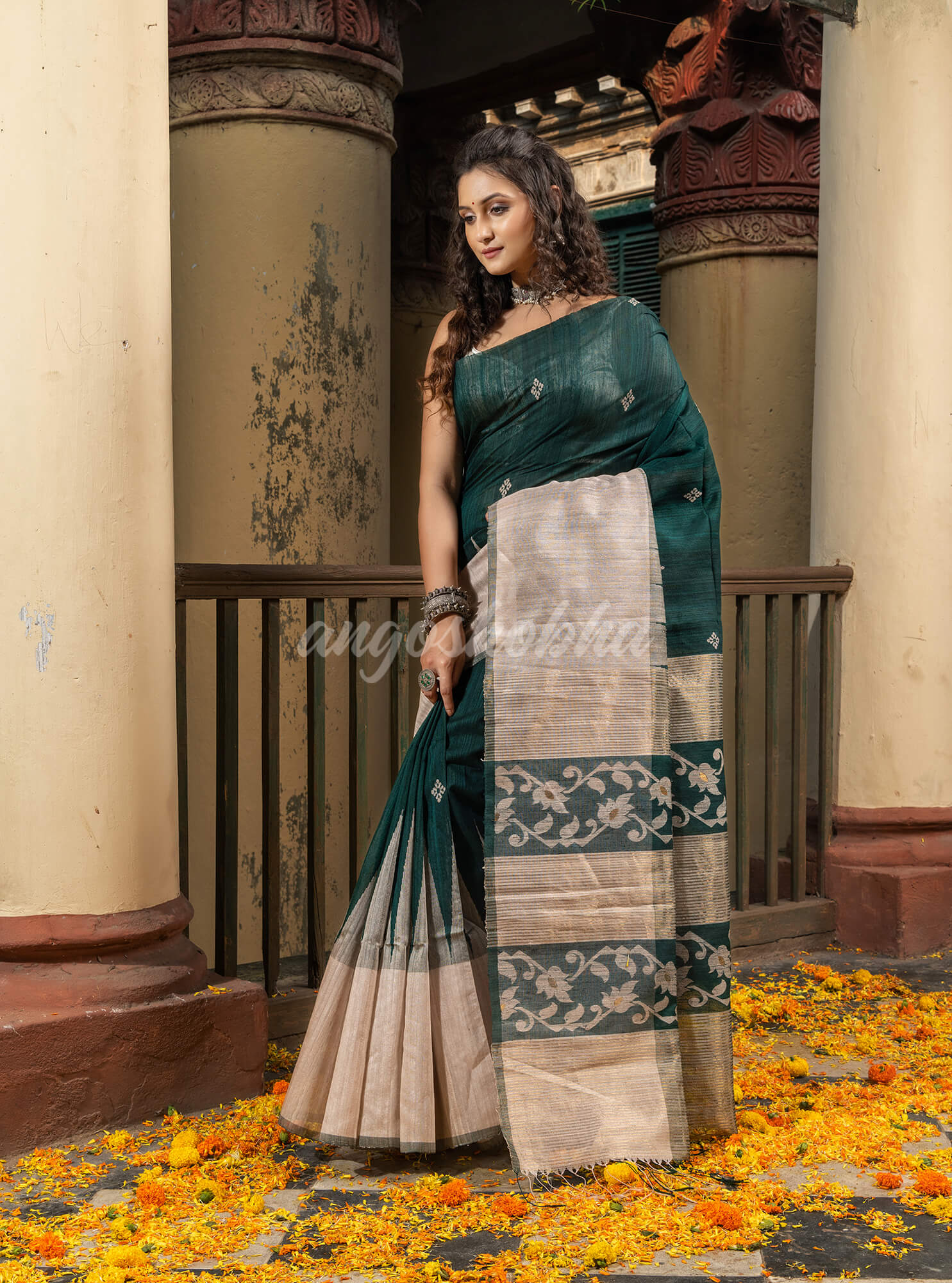 Bottle Green Silk Matka Muga Mahapar Border With Pallu Jacquard Saree