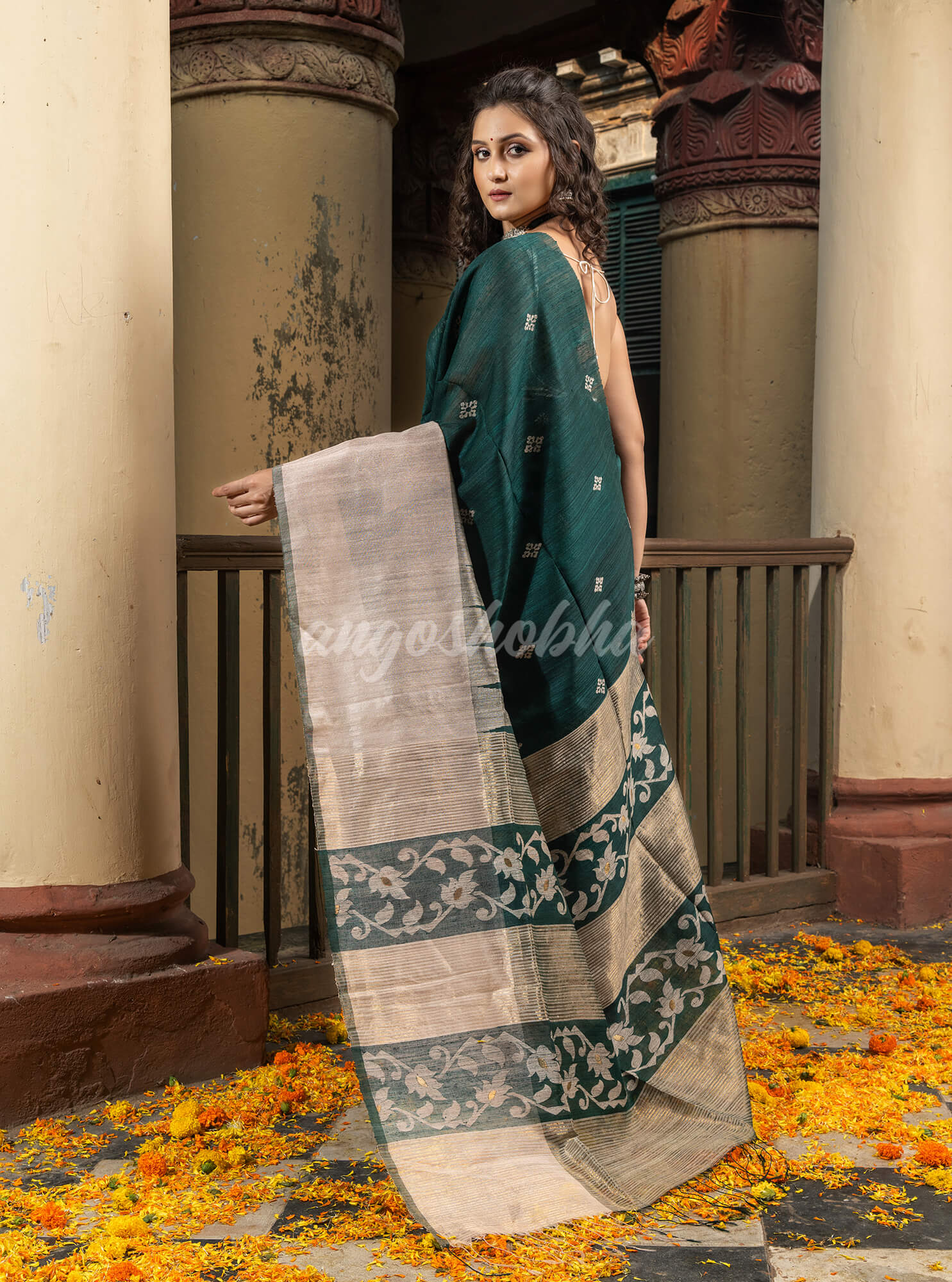 Bottle Green Silk Matka Muga Mahapar Border With Pallu Jacquard Saree