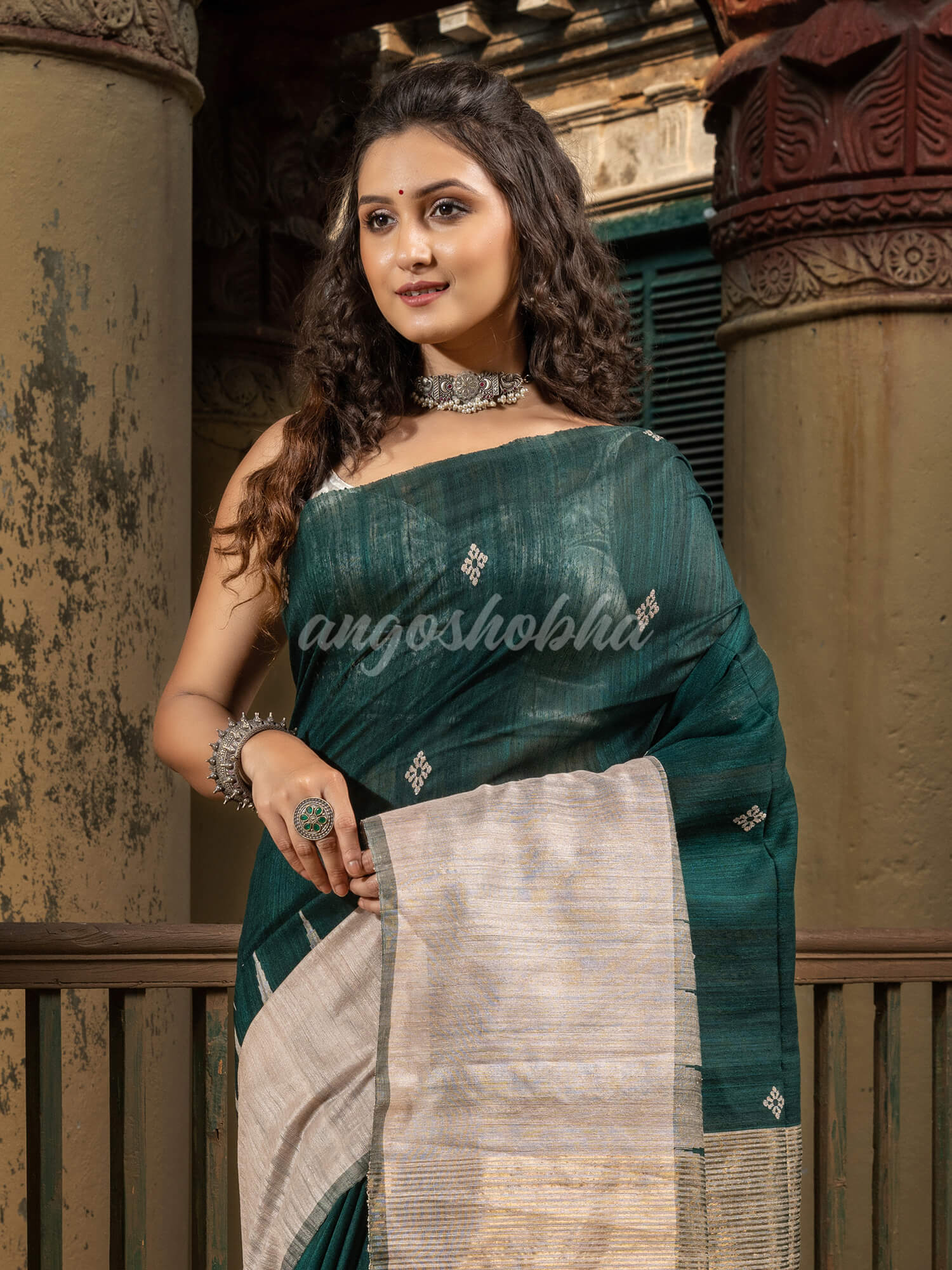 Bottle Green Silk Matka Muga Mahapar Border With Pallu Jacquard Saree