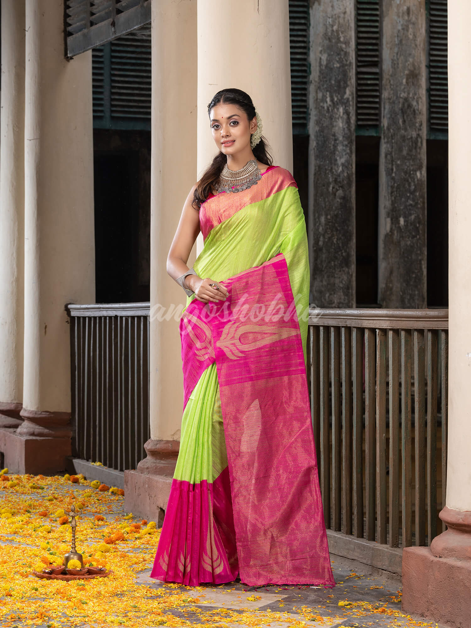 Green Silk Matka Pink Mahapar Border With Pallu Jacquard Saree