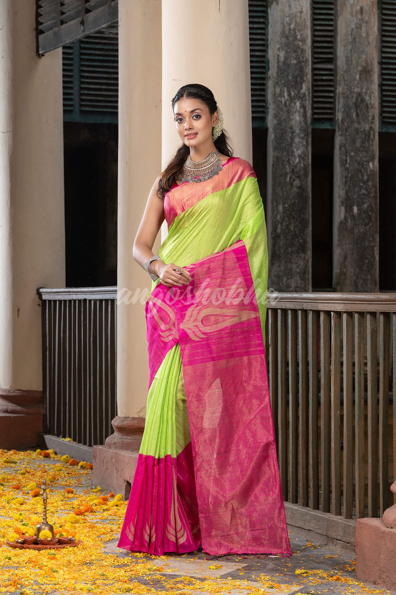 Green Silk Matka Pink Mahapar Border With Pallu Jacquard Saree