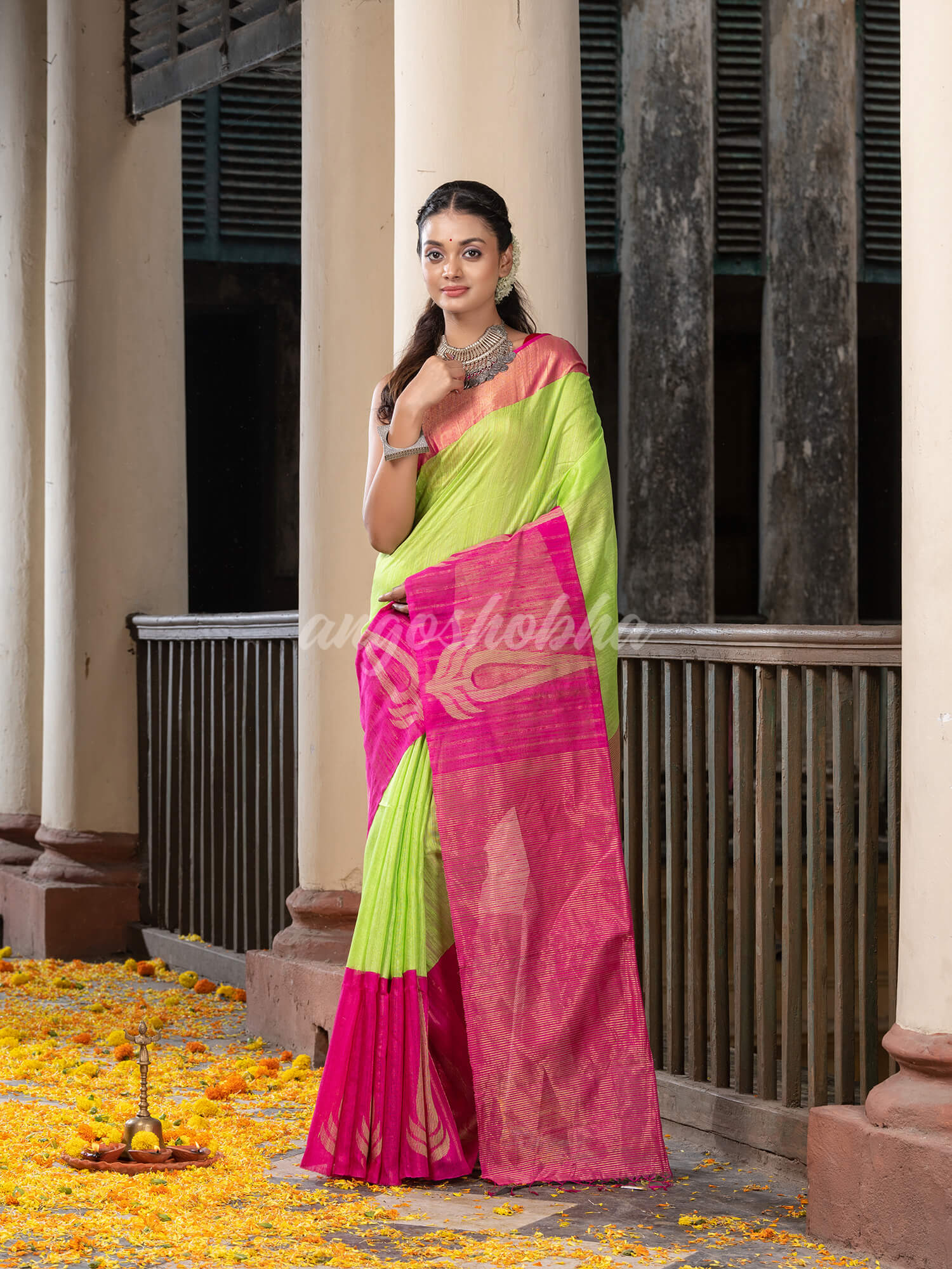 Green Silk Matka Pink Mahapar Border With Pallu Jacquard Saree