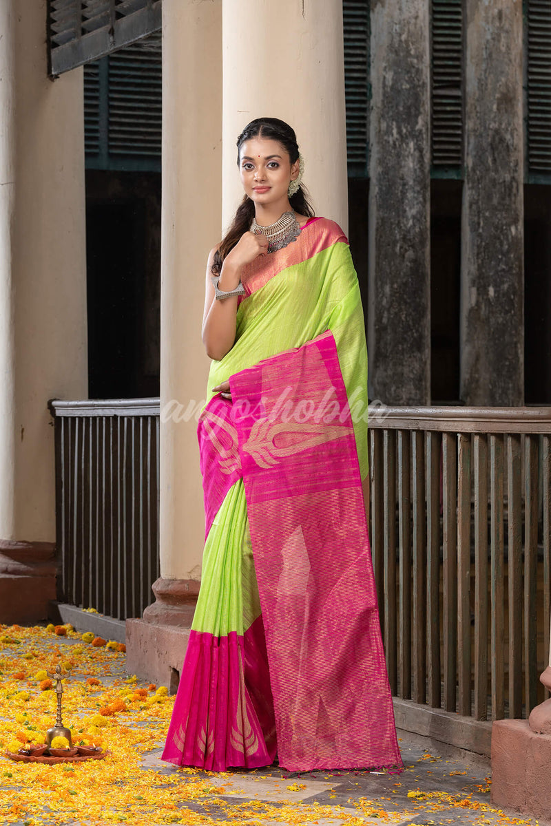 Green Silk Matka Pink Mahapar Border With Pallu Jacquard Saree
