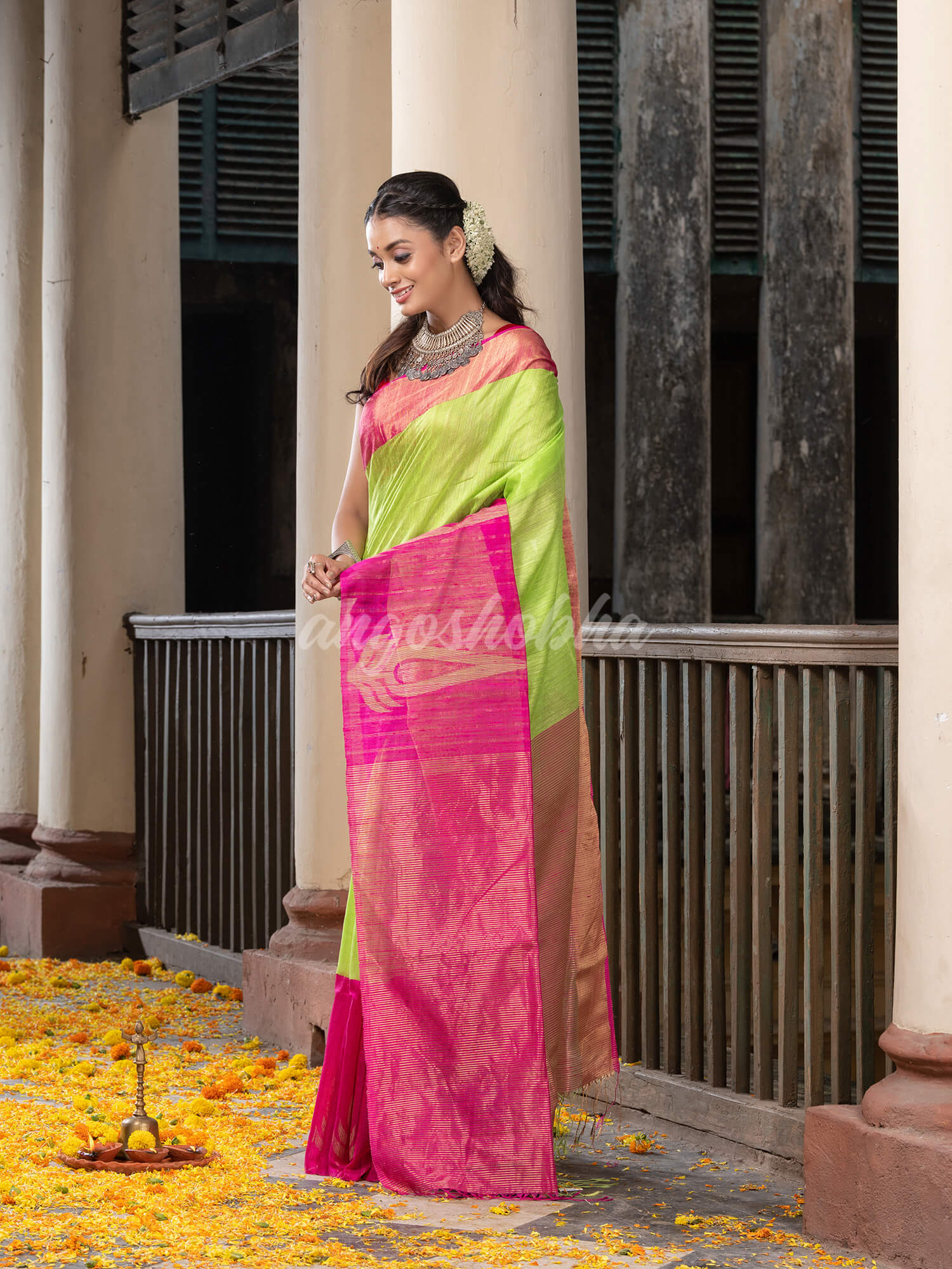 Green Silk Matka Pink Mahapar Border With Pallu Jacquard Saree