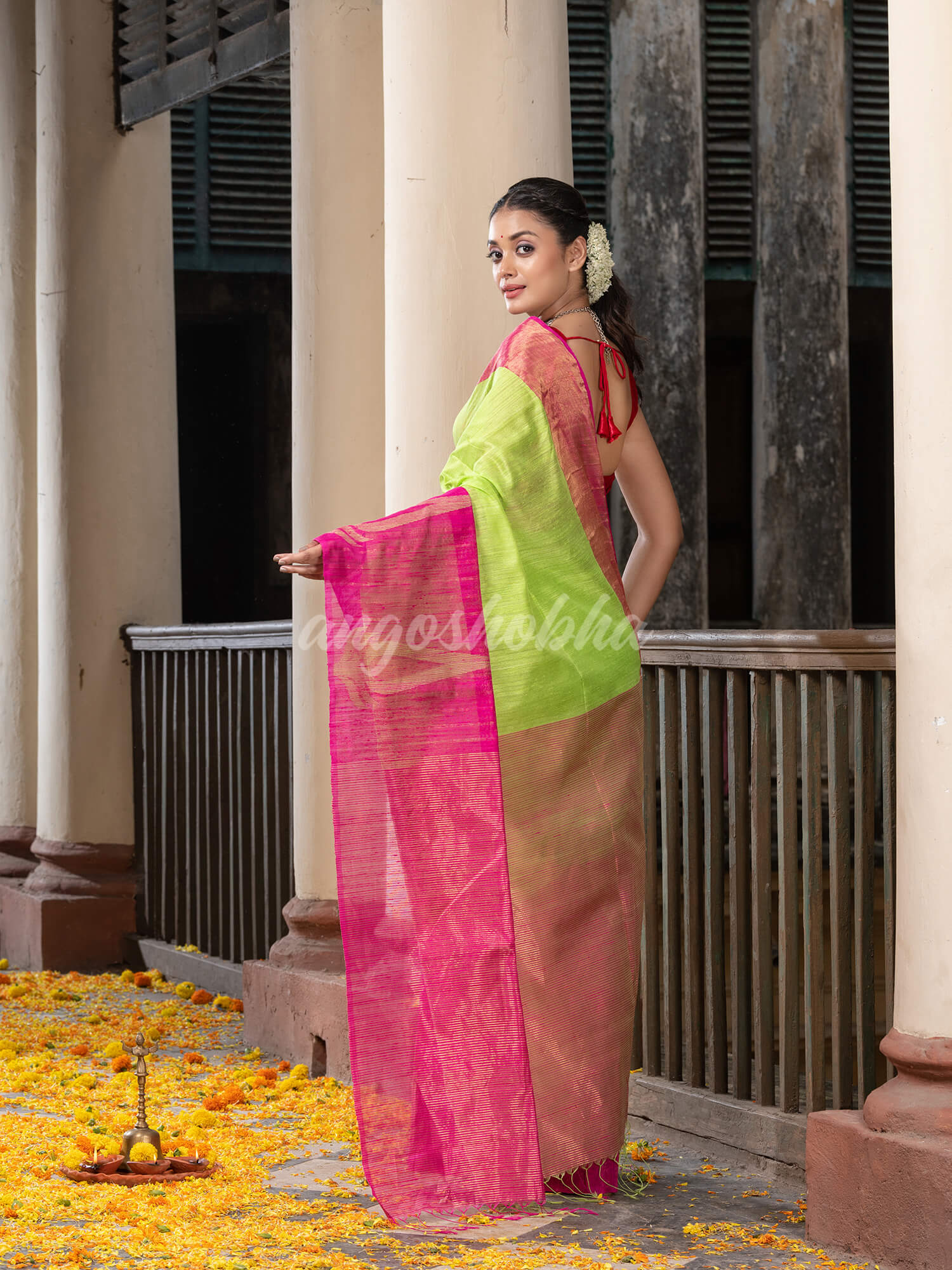 Green Silk Matka Pink Mahapar Border With Pallu Jacquard Saree