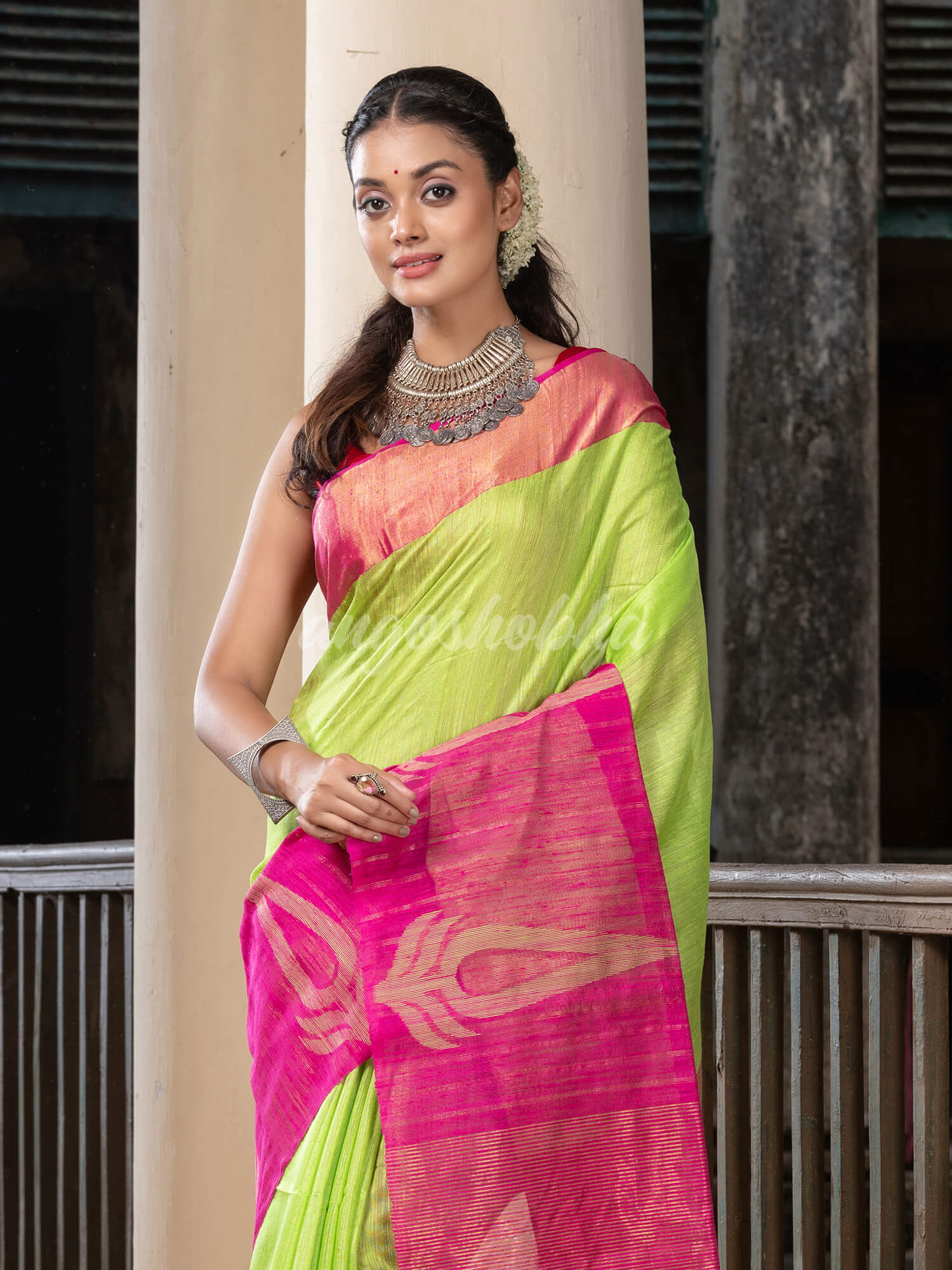 Green Silk Matka Pink Mahapar Border With Pallu Jacquard Saree