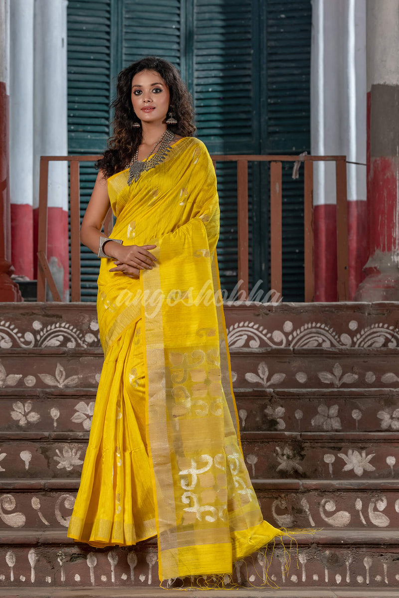 Yellow Silk Matka Handwoven Jamdani Saree