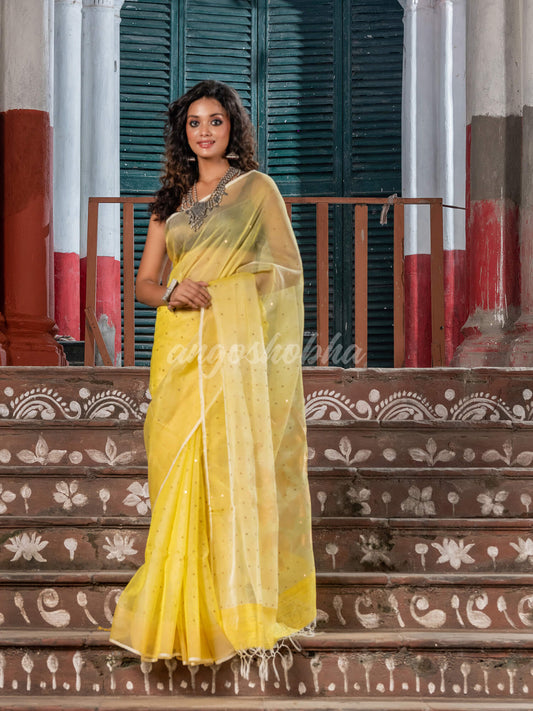 Light Yellow Silk Matka Handwoven Jamdani Saree