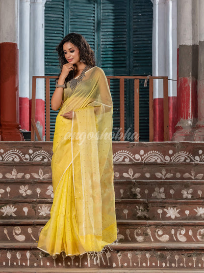 Light Yellow Silk Matka Handwoven Jamdani Saree