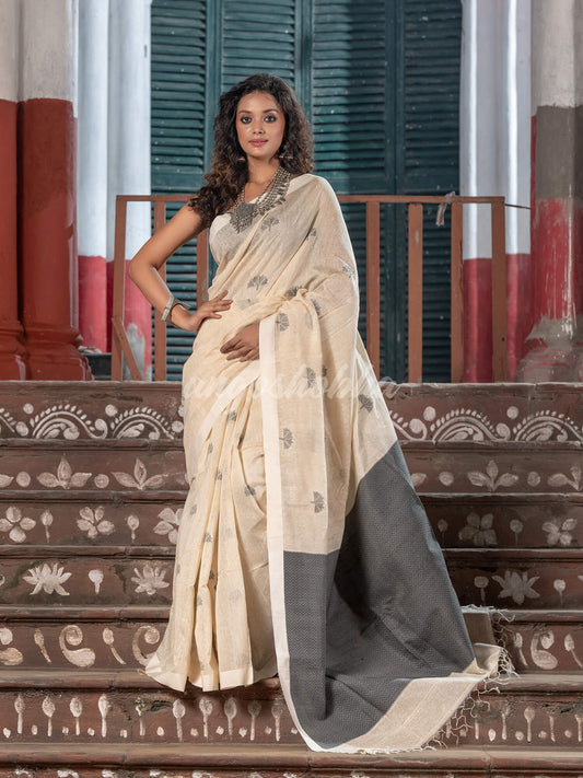 White Silk Noyal All Body Buti With Black Pallu Jamdani Saree