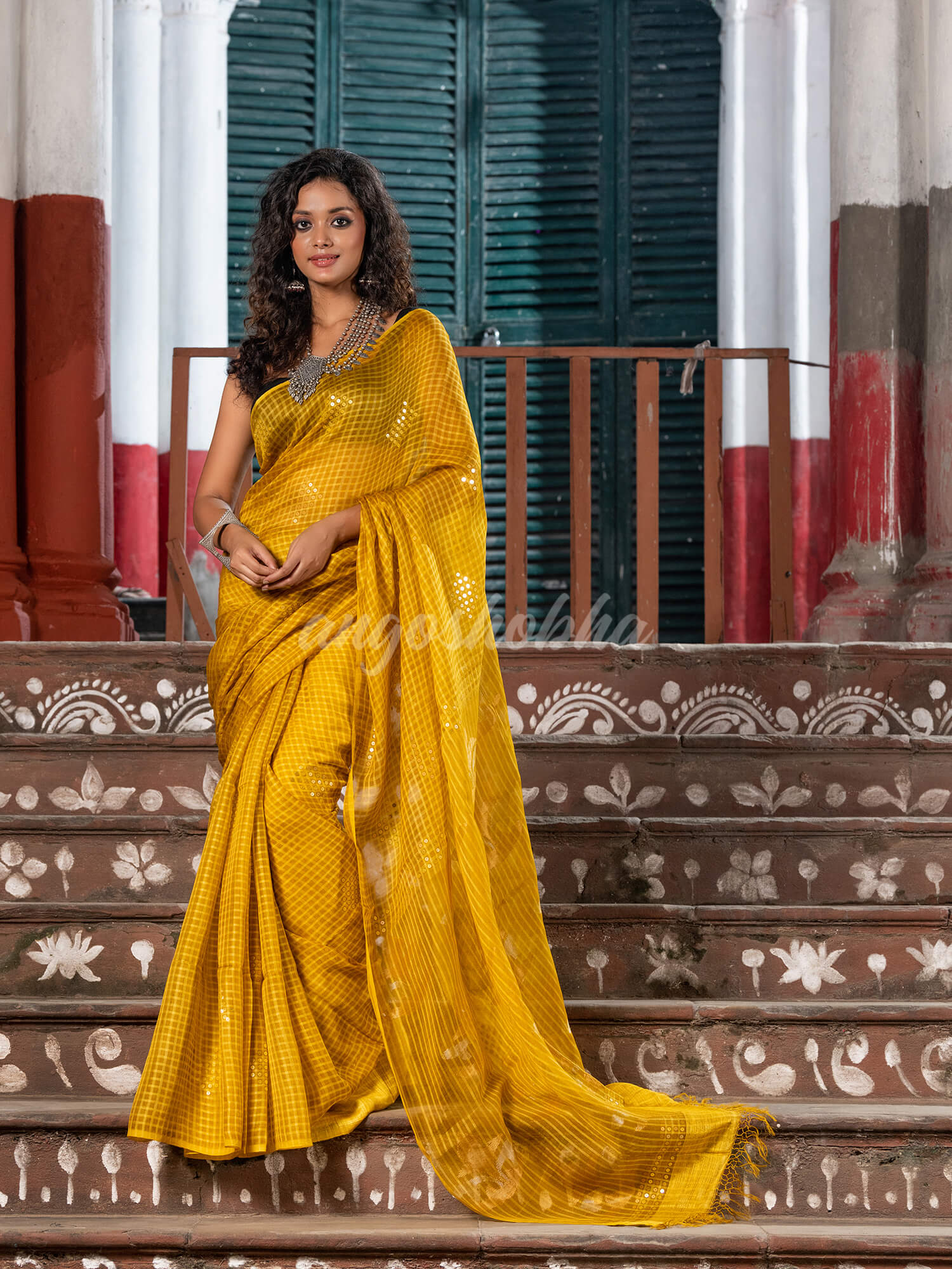 Traditional Mustard Silk Sequin Soft Jamdani Saree