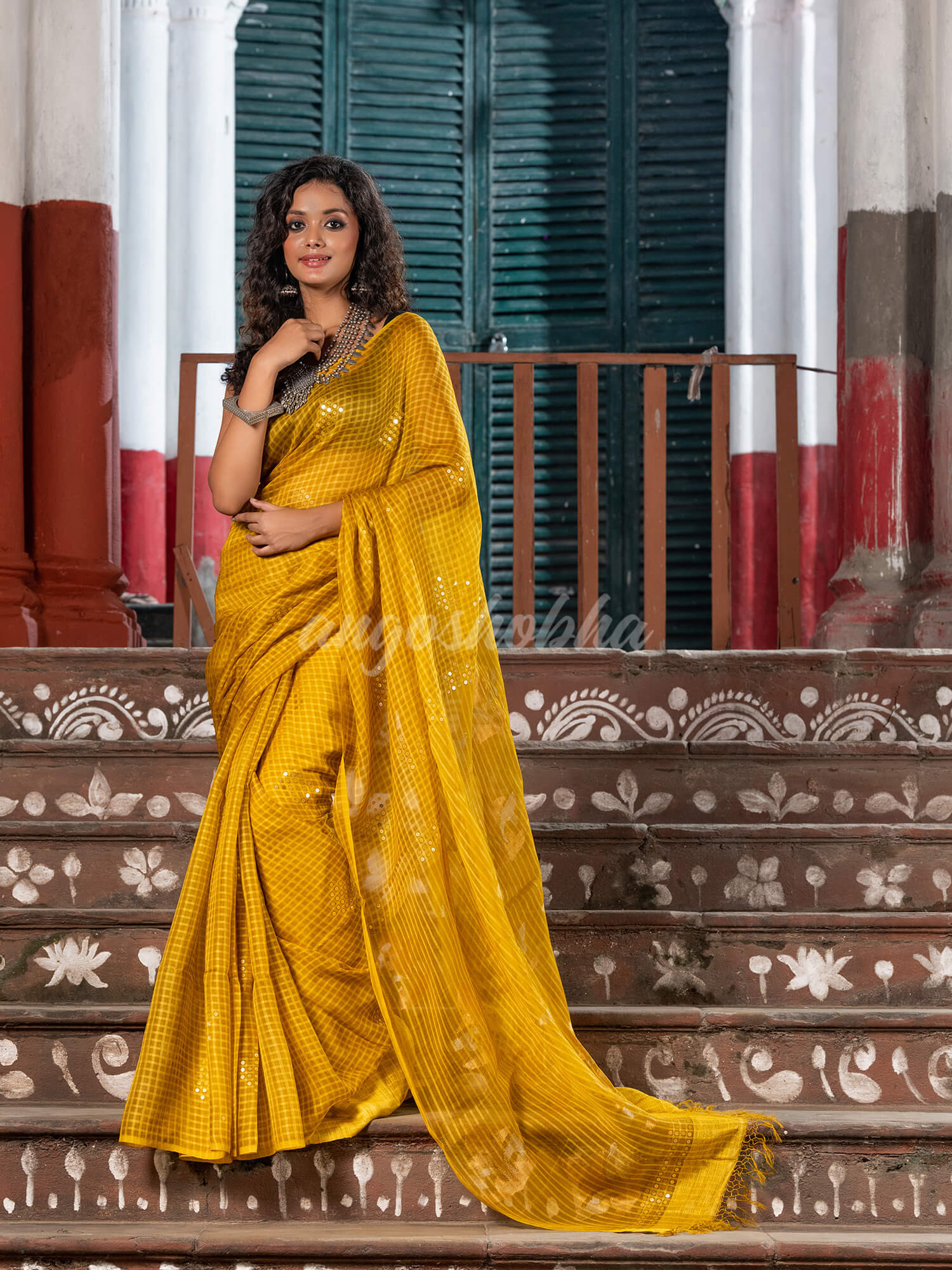 Traditional Mustard Silk Sequin Soft Jamdani Saree