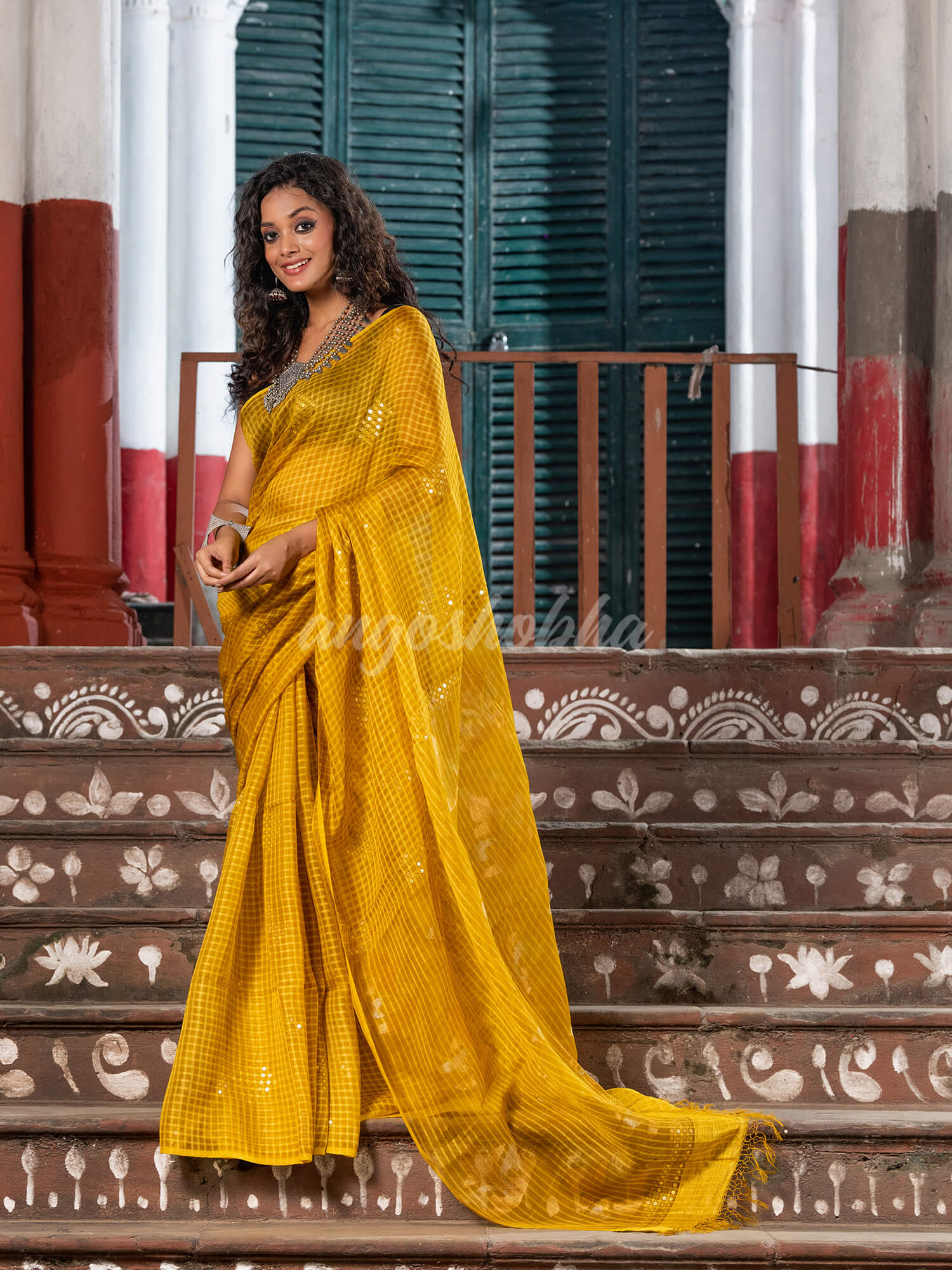 Traditional Mustard Silk Sequin Soft Jamdani Saree