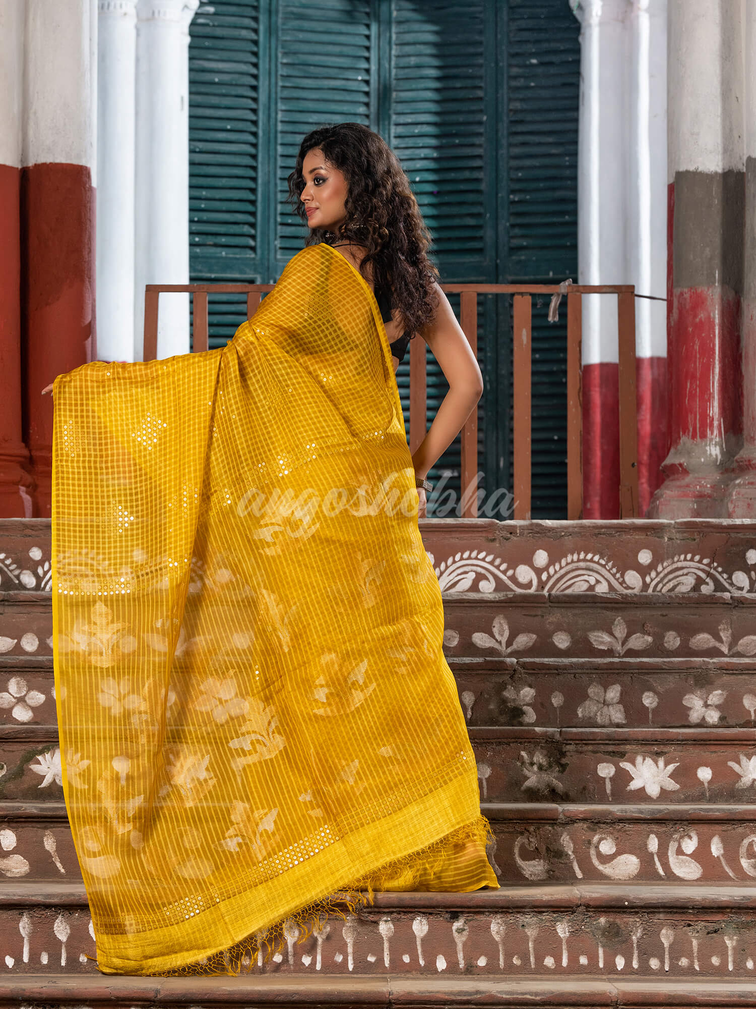 Traditional Mustard Silk Sequin Soft Jamdani Saree