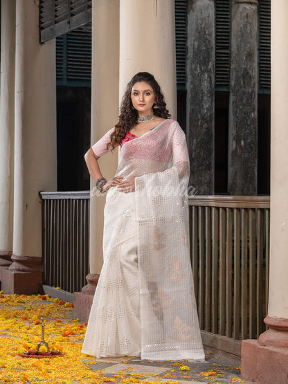 Traditional White Silk Muslin Sequin Soft Jamdani Saree