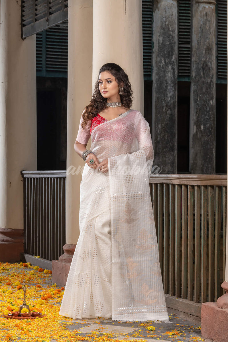 Traditional White Silk Muslin Sequin Soft Jamdani Saree
