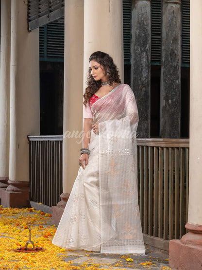 Traditional White Silk Muslin Sequin Soft Jamdani Saree