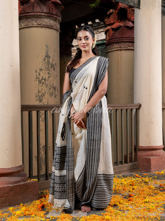 White Tussar Silk Black Mahapar Jacquard Saree