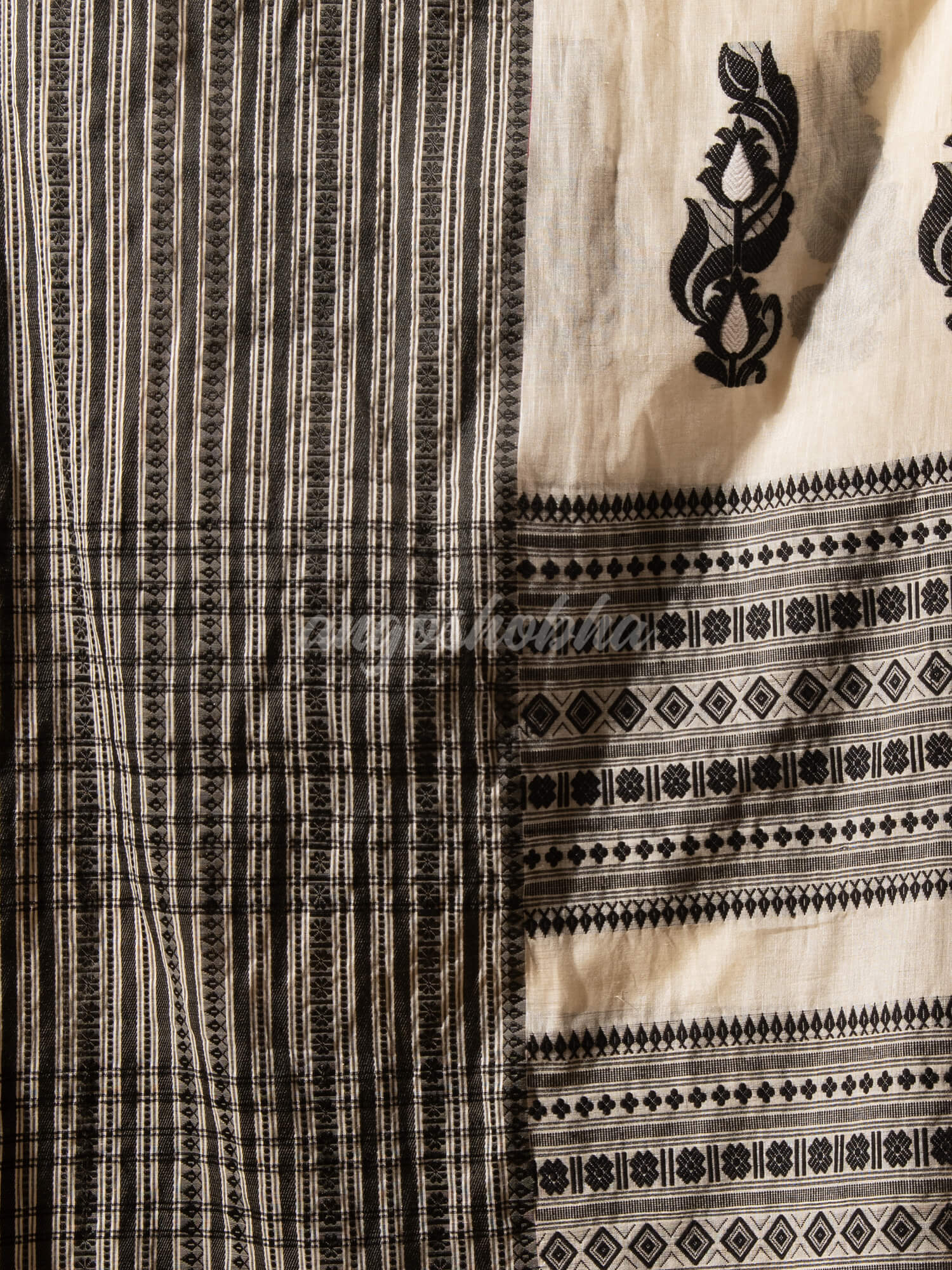 White Tussar Silk Black Mahapar Jacquard Saree