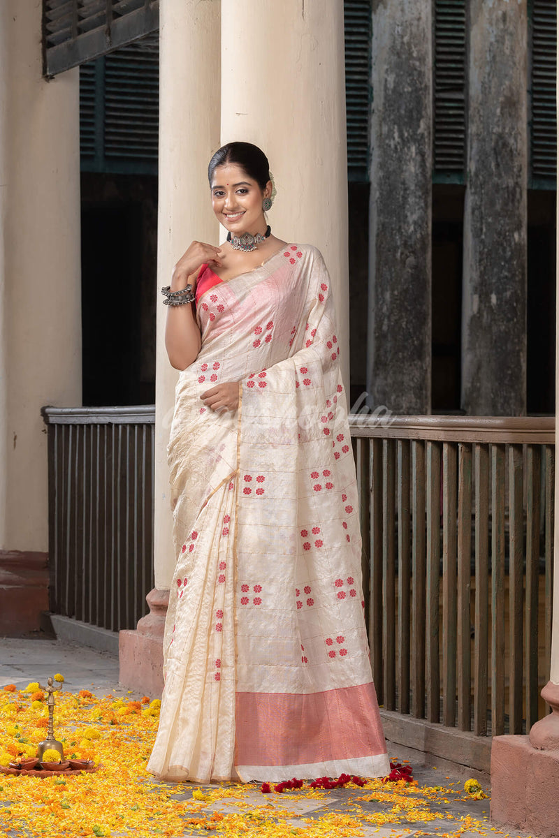 White Tussar Silk All Body Red Handwoven Buti Jamdani Saree