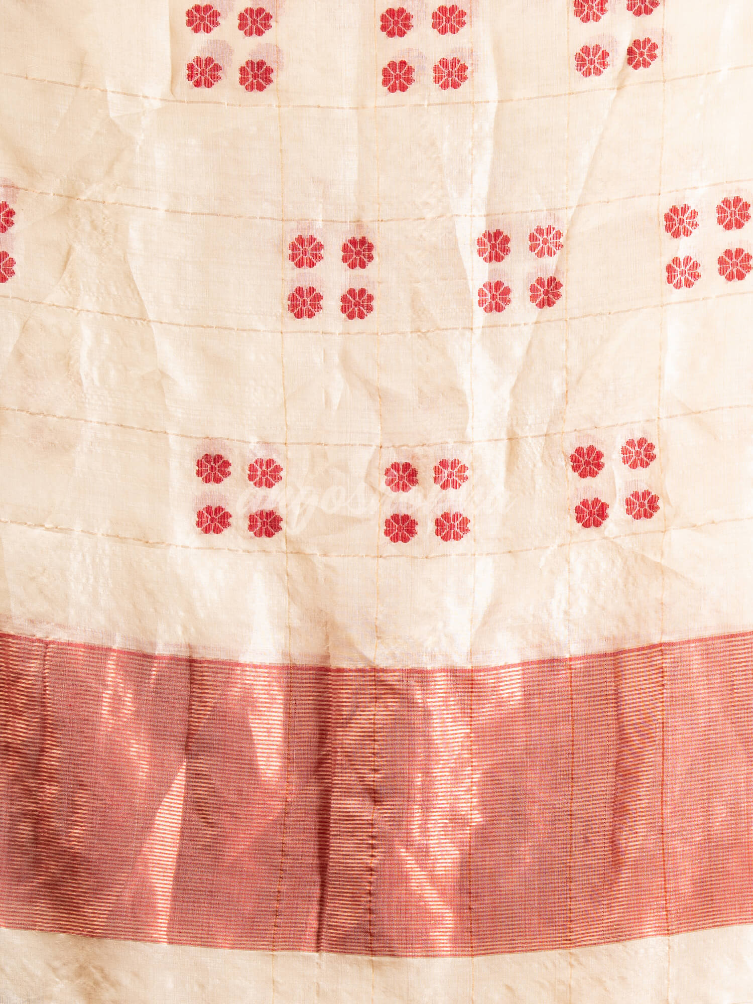 White Tussar Silk All Body Red Handwoven Buti Jamdani Saree