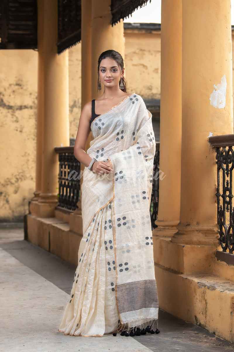 White Tussar Silk All Body Black Handwoven Buti Jamdani Saree