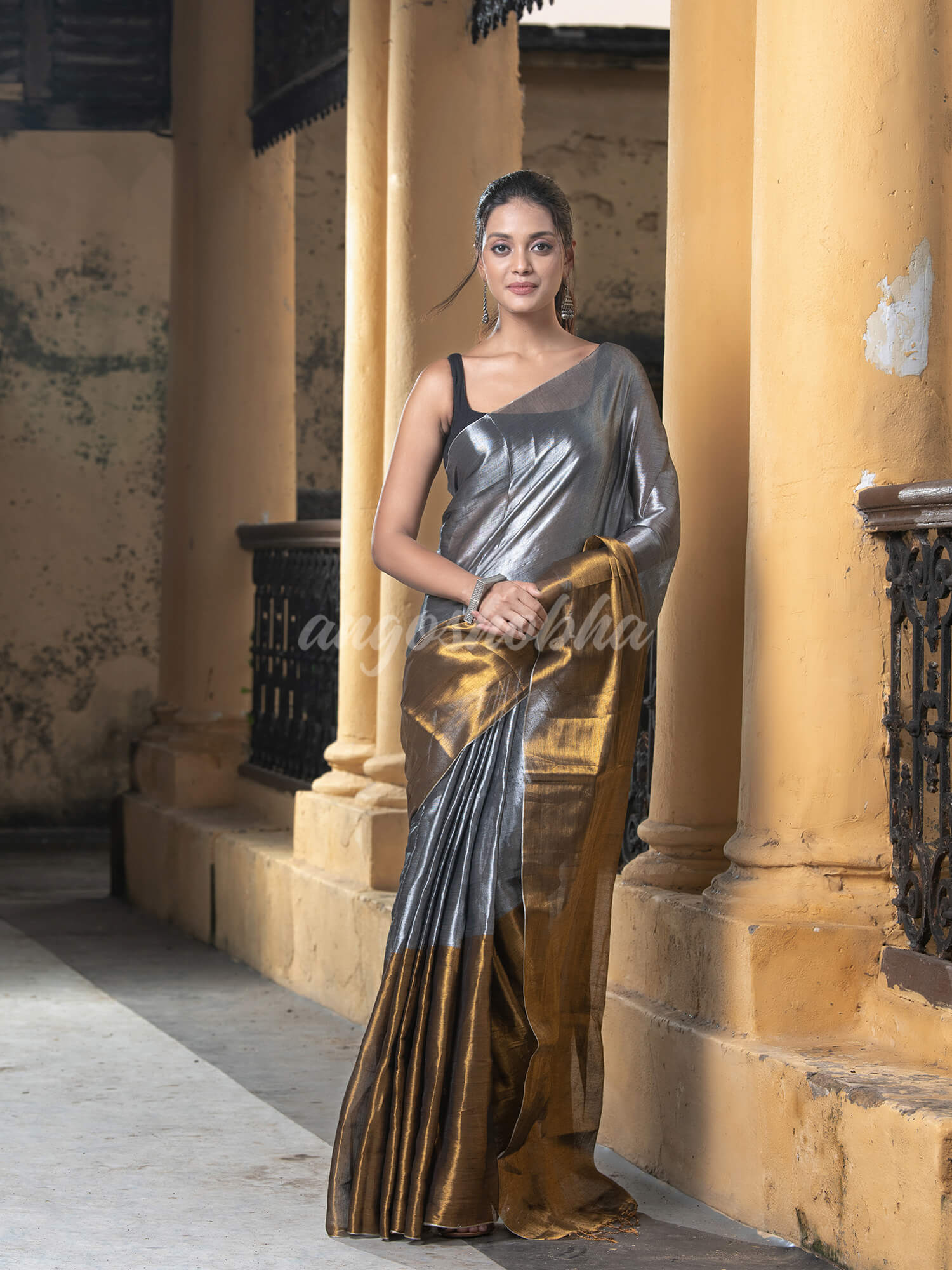 Silver Grey & Gold Handloom Tissue Saree