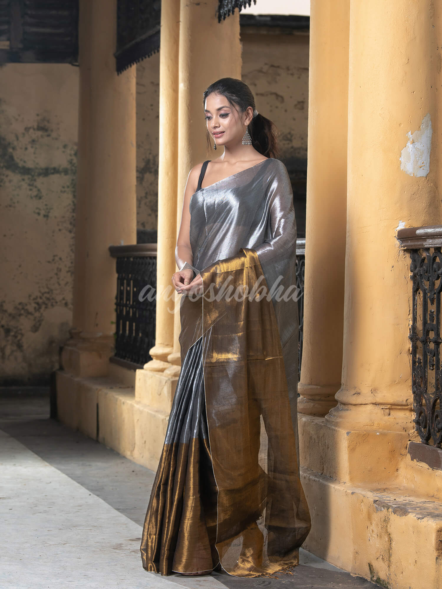 Silver Grey & Gold Handloom Tissue Saree