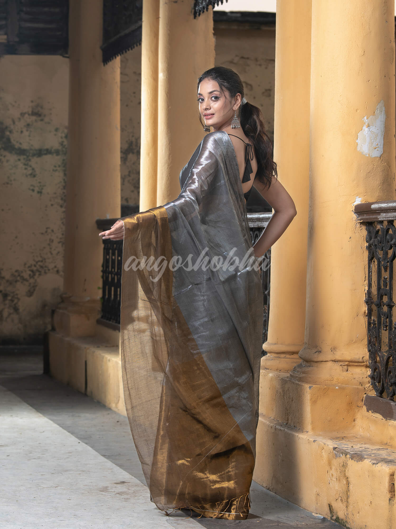 Silver Grey & Gold Handloom Tissue Saree