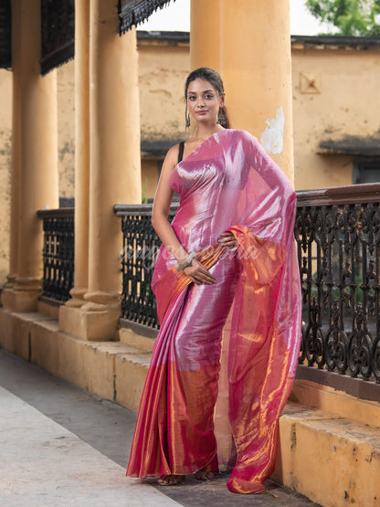 Silver Pink & Gold Handloom Tissue Saree