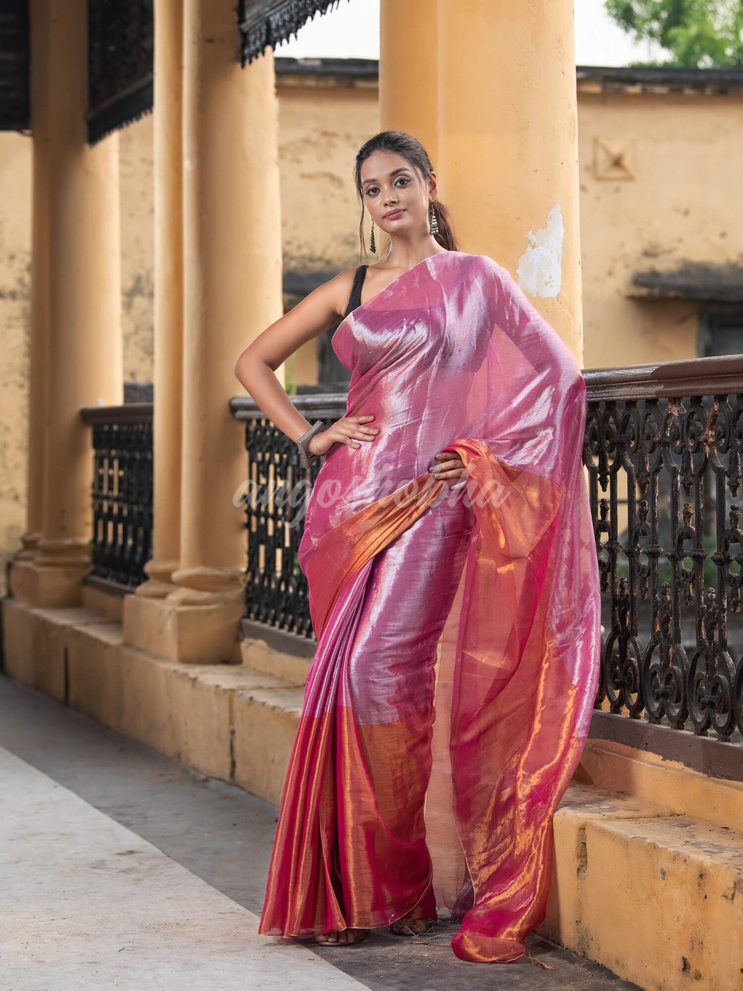 Silver Pink & Gold Handloom Tissue Saree