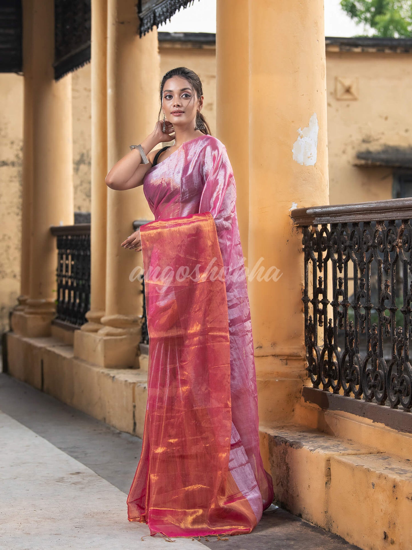 Silver Pink & Gold Handloom Tissue Saree