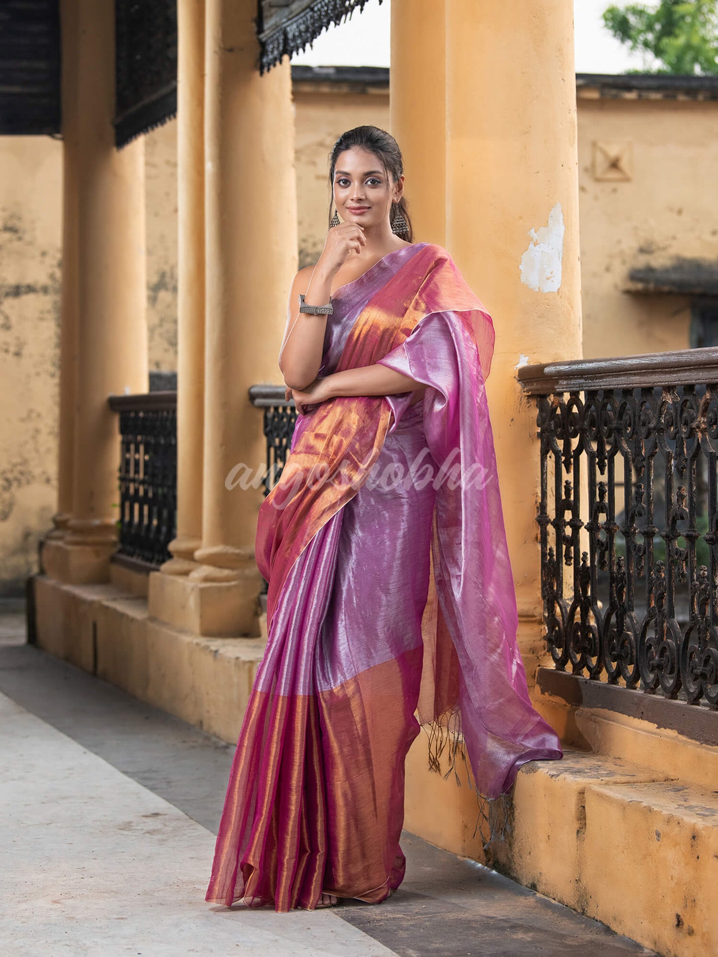 Silver Magenta & Gold Handloom Tissue Saree