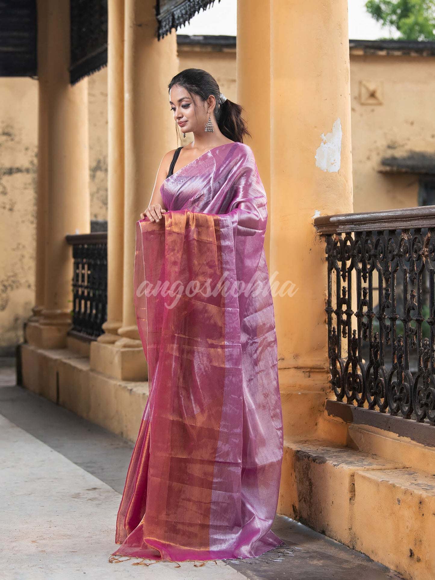 Silver Magenta & Gold Handloom Tissue Saree