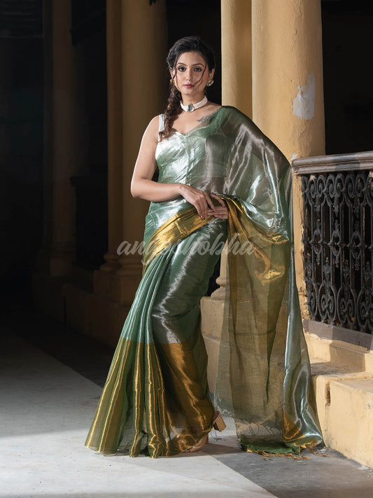 Silver Bottle Green & Gold Handloom Tissue Saree