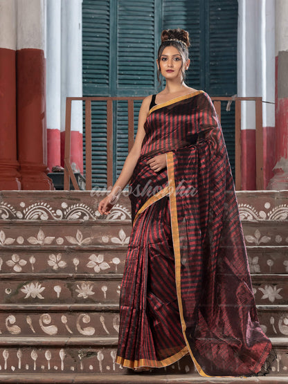 Red & Black All Body Check Tissue Linen Handloom Saree