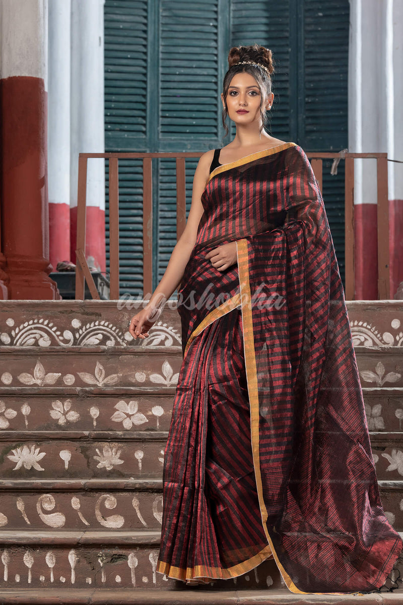Red & Black All Body Check Tissue Linen Handloom Saree
