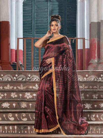 Red & Black All Body Check Tissue Linen Handloom Saree