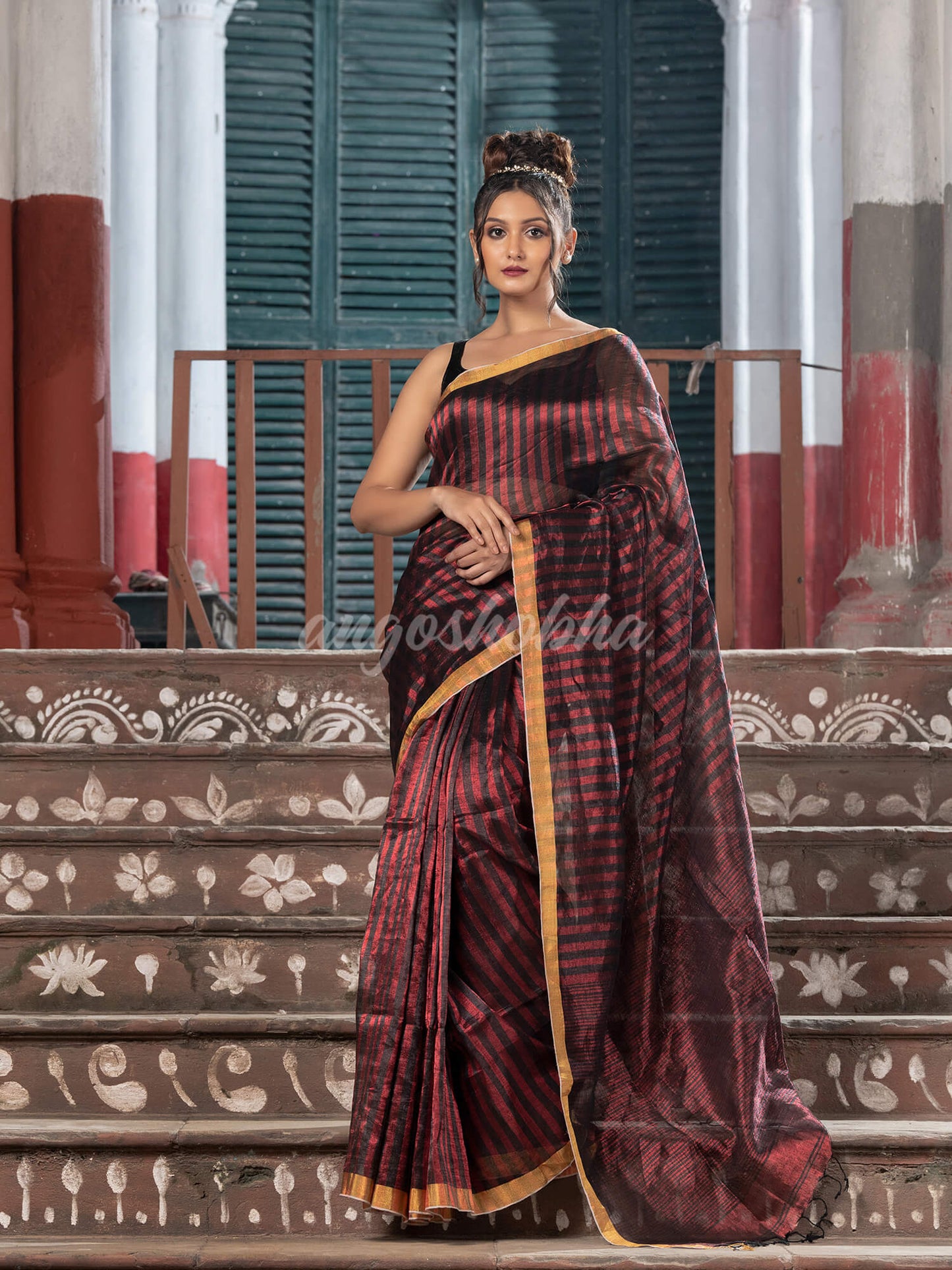 Red & Black All Body Check Tissue Linen Handloom Saree