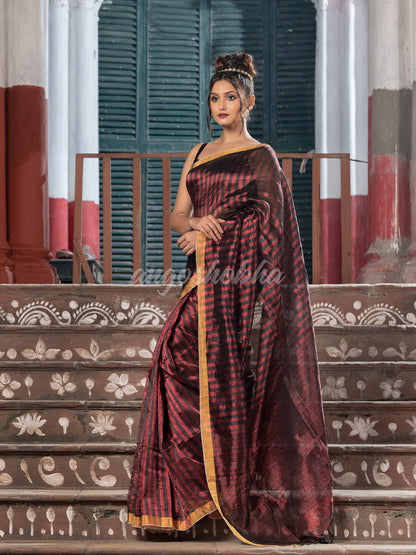 Red & Black All Body Check Tissue Linen Handloom Saree