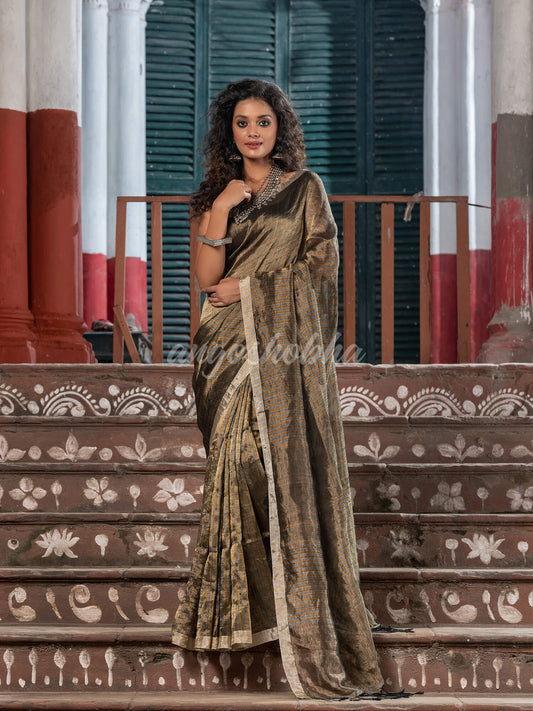 Gold & Silver All Body Check Tissue Linen Handloom Saree