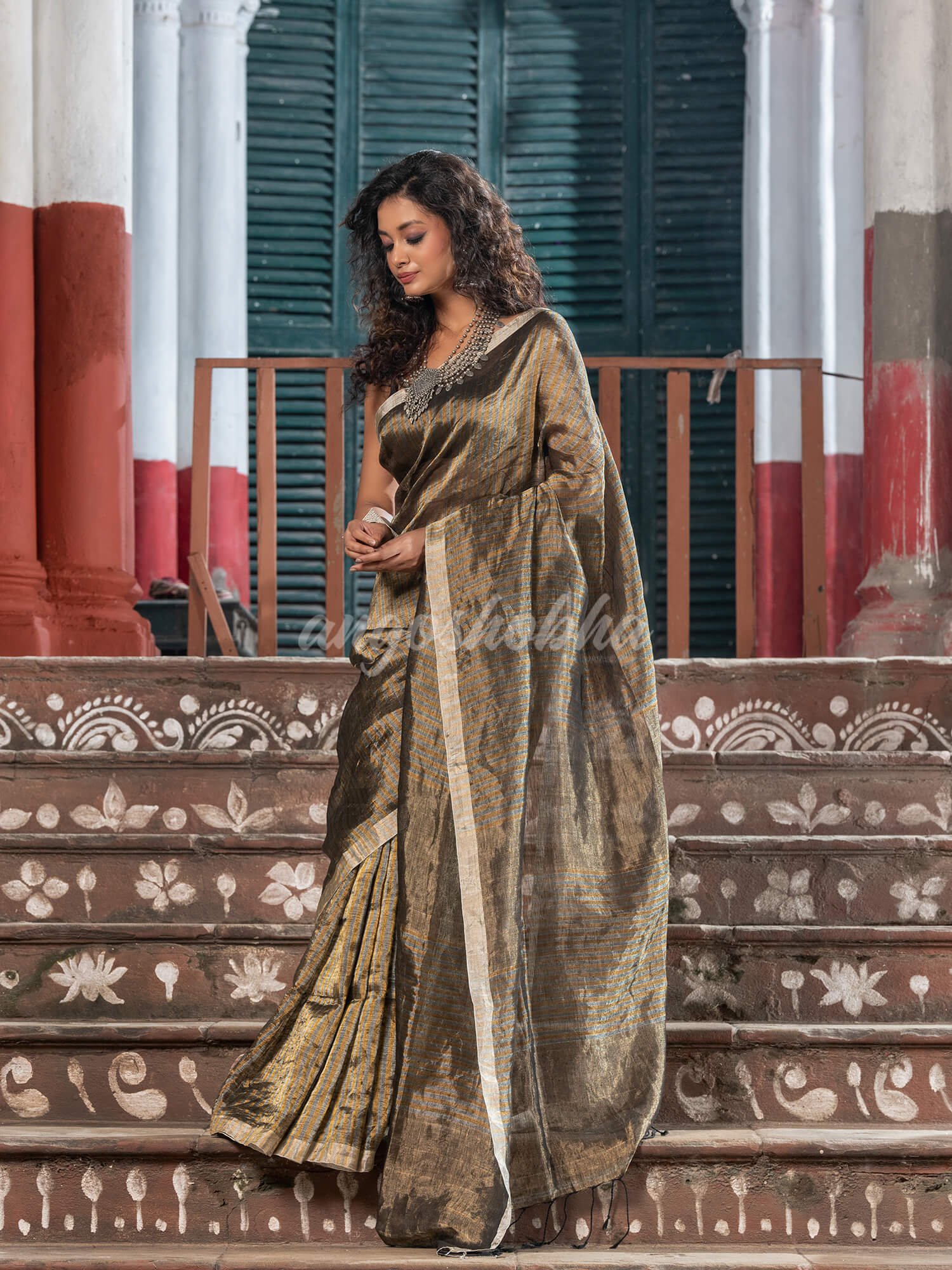 Gold & Silver All Body Check Tissue Linen Handloom Saree